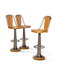 A SET OF THREE NICKEL-PLATED AND OAK 'YACHT BAR STOOLS'