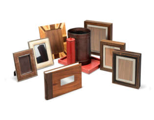 A GROUP OF LEATHER AND SPECIMEN WOOD ACCESSORIES