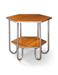 A FRENCH STEEL AND OAK HEXAGONAL OCCASIONAL TABLE