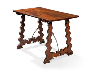A SPANISH WALNUT AND WROUGHT-IRON TRESTLE TABLE