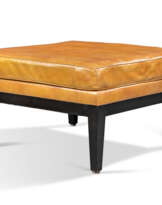 A NORTH EUROPEAN EBONISED AND TAN LEATHER FOOTSTOOL