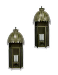 A PAIR OF GREEN AND BLACK-PAINTED TOLE LARGE 'JOCKEY' WALL LANTERNS