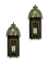 A PAIR OF GREEN AND BLACK-PAINTED TOLE LARGE 'JOCKEY' WALL LANTERNS
