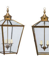 A PAIR OF ENGLISH BRASS AND GLASS HALL LANTERNS