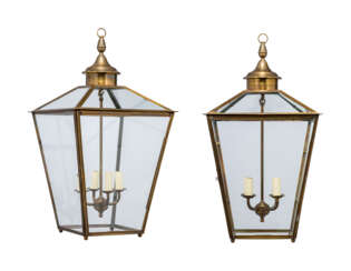 A PAIR OF ENGLISH BRASS AND GLASS HALL LANTERNS