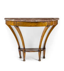 A CONTINENTAL BRASS-MOUNTED FRUITWOOD DEMI-LUNE SIDE TABLE