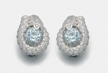 Pair of representative aquamarine clip-on earrings with diamonds