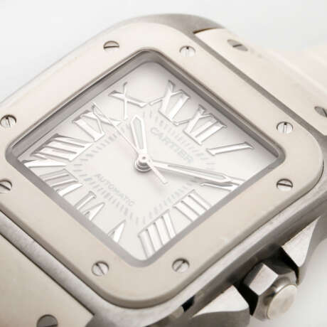 CARTIER Armbanduhr "Santos 100" in Edelstahl mit weißer Kautschuk-Lünette. - Foto 5