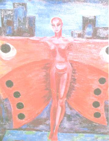 Design Gemälde „ROTER SCHMETTERLING. VERKAUFT.“, Leinwand, Ölfarbe, Surrealismus, Mythologisches, 1985 - Foto 1