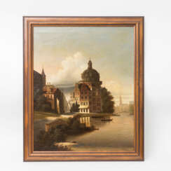 KAUFMANN, KARL, attr./Umkreis (K.K. 1843-1902, österreichischer Maler), "Holländische Stadt am Fluss", wohl Amsterdam,