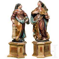 Ein Paar Heiligenfiguren, Katharina und Barbara, süddeutsch, Mitte 18. Jahrhundert