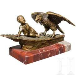 Ruffino Besserdich (1852 - ?) - kleine Bronzeskulptur eines weinenden Kindes mit Adler