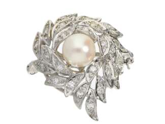 Brosche: weißgoldene vintage Perlen/Diamantbrosche, Kettenkürzer