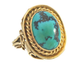 Ring: dekorativer Goldschmiedering, Türkis mit schöner Matrix, Handarbeit, 50er/60er-Jahre