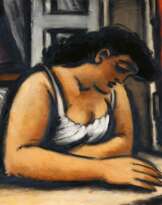 Femme à la fenêtre aux volets rouges