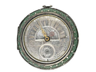 Taschenuhr: äußerst seltene Spindeluhr mit Tag/Nacht-Anzeige, retrograder Stundenanzeige und früher, kleiner Sekunde, bedeutender Uhrmacher: Richard Baker London, um 1690
