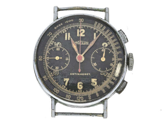 Armbanduhr: schöner, vermutlich militärischer, antimagnetischer Chronograph mit schwarzem Zifferblatt, Marke Angelus, ca.1945 - Foto 1