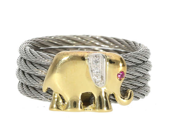 Ring: neuwertiger, außergewöhnlicher Damenring aus Stahl und 18KGold, Motiv "Elefant" - Foto 1
