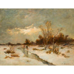 THOMASSIN, L. (?, Künstler/in 19./20. Jahrhundert), "Winterlandschaft mit Jägern an einem Bach",