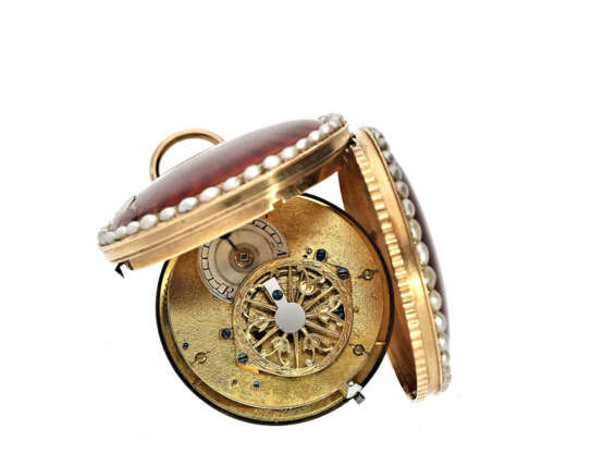 Taschenuhr: wunderschöne Gold/Emaille-Spindeluhr mit beidseitigem Perlbesatz, vermutlich Frankreich um 1800 - Foto 2