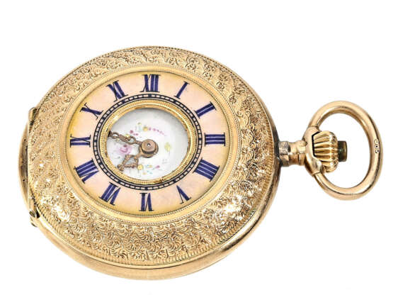Taschenuhr: sehr feine Gold/Emaille-Damenuhr, seltene Halbsavonnette, um 1900 - photo 1