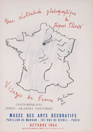JEAN COCTEAU 1889 Maisons-Laffitte - 1963 Milly-la-Forêt bei Paris 'VISAGES DE FRANCE' - AUSSTELLUNGSPLAKAT VOM MUSÉE DES ARTS DÉCORATIFS Farblithografie auf Arches - photo 1