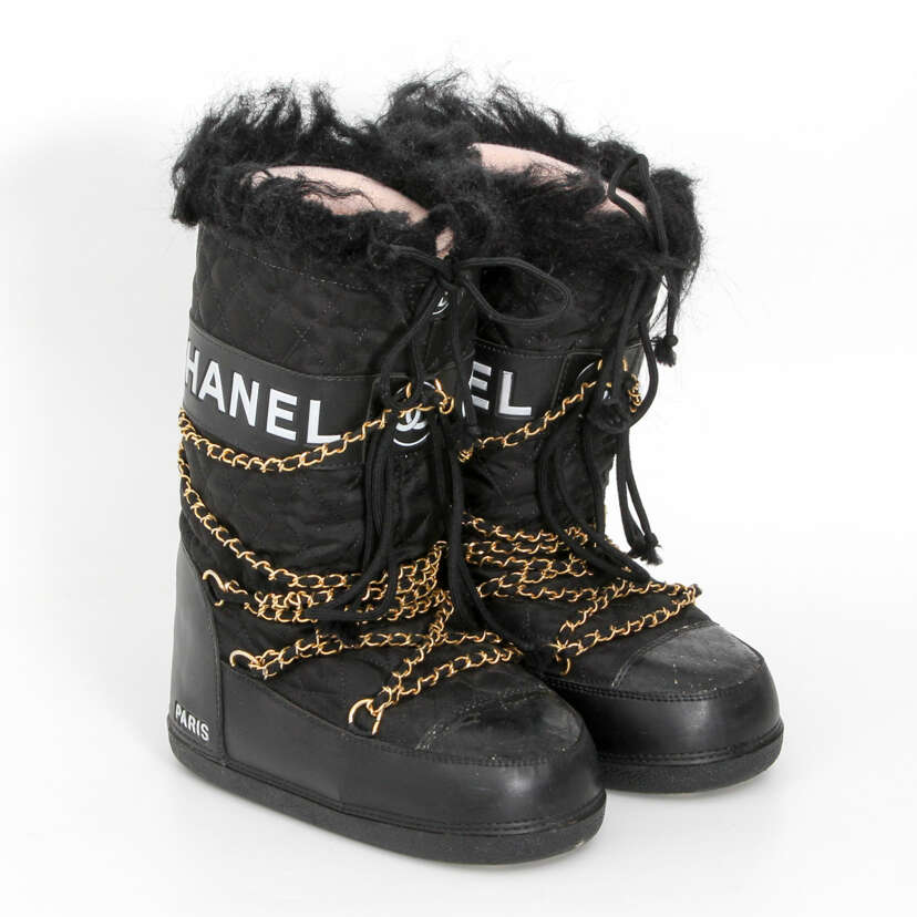 Chanel Apres Ski Moon Boots  Black Boots Shoes  CHA348255  The RealReal
