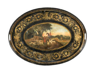 A REGENCY POLYCHROME-DECORATED AND BLACK AND GILT-JAPANNED TOLE TRAY