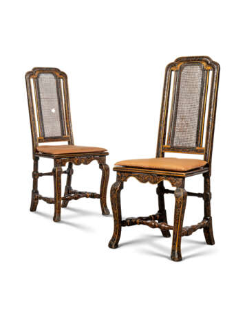 A PAIR OF ANGLO-DUTCH BLACK-AND-GILT-JAPANNED AND LEAF-DECOUPAGE SIDE CHAIRS - photo 1
