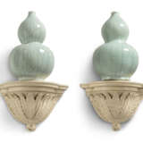 A PAIR OF CHINESE CRACKLE-GLAZED CELADON DOUBLE GOURD VASES ON BRACKETS - photo 1