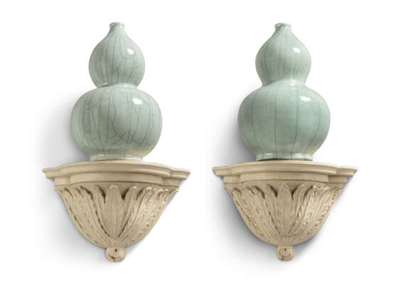 A PAIR OF CHINESE CRACKLE-GLAZED CELADON DOUBLE GOURD VASES ON BRACKETS - photo 1