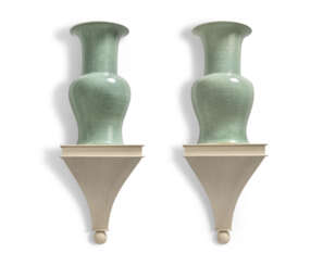 A PAIR OF CHINESE CRACKLE-GLAZED CELADON VASES ON BRACKETS