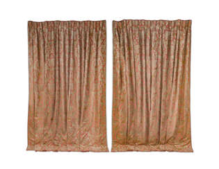 A PAIR OF PINK LINEN AND GREEN-AND-OATMEAL VELVET APPLIQUE 'BROCKHAM' CURTAINS