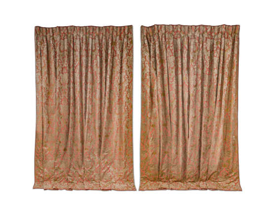 A PAIR OF PINK LINEN AND GREEN-AND-OATMEAL VELVET APPLIQUE 'BROCKHAM' CURTAINS - photo 1