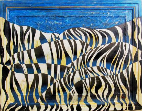 Gemälde „Blaues Zebra auf einem blauen Hintergrund“, Karton, Ölfarbe, Surrealismus, Animalistisches, 2012 - Foto 1