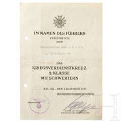 Verleihungsurkunde zum KVK 2. Klasse m.S. mit Original Unterschrift Gen.d.Pz.truppe Josef Harpe