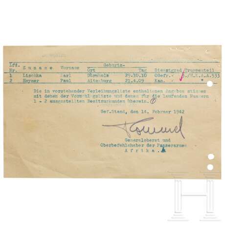 GFM Erwin Rommel - eigenhändig signierte Verleihungsliste zum KVK 2. Klasse 1942 - фото 1
