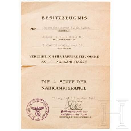 Urkunde zur Nahkampfspange 1. Stufe - SS-Polizei-Regiment 16 - фото 1