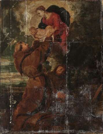 Flämisch - Maria mit dem Kind, dem Hl. Antonius von Padua und einem weiteren Franziskanerheiligen , 17. Jahrhundert - Foto 1