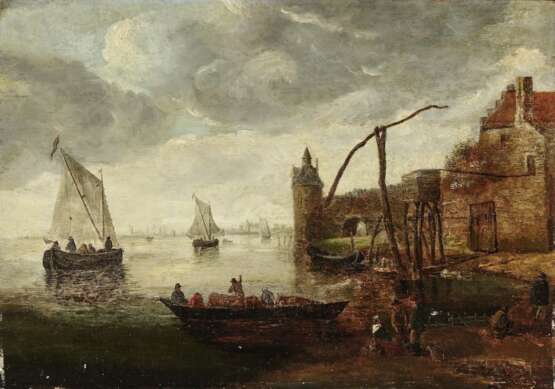 Goyen, Jan Josephsz. van, Art des - Niederländische Uferlandschaft mit Segelschiffen und Fährboot - photo 1