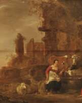 Nicolaes Berchem - Abendliche Ruinenlandschaft mit rastenden Bauern und Vieh 