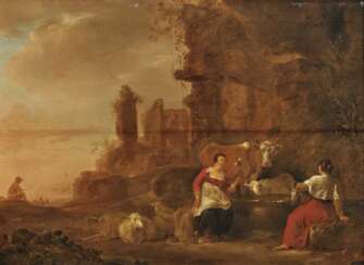 Nicolaes Berchem - Abendliche Ruinenlandschaft mit rastenden Bauern und Vieh 