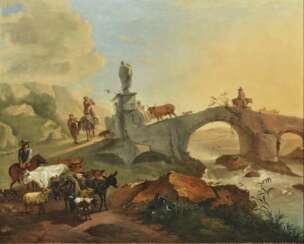 Nicolaes Berchem - Südliche Landschaft mit Bauern bei einer Steinbrücke 