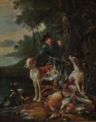 Johann Elias Ridinger - Ein Jäger mit seinen Hunden und Jagdbeute in Flusslandschaft 