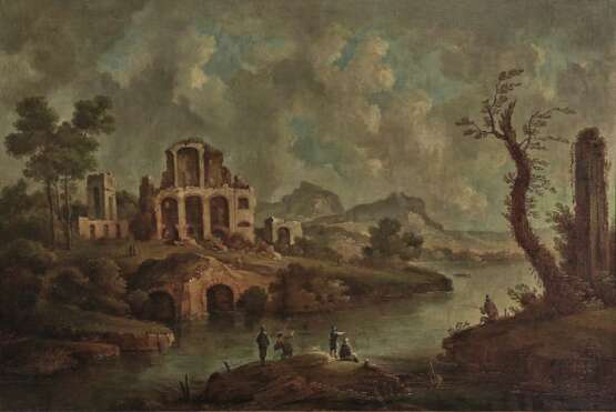 Unbekannt - Uferlandschaft mit antiken Ruinen und Figurenstaffage , 17./18. Jahrhundert - Foto 1