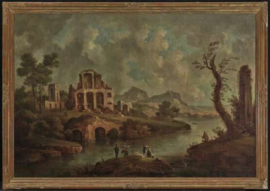 Unbekannt - Uferlandschaft mit antiken Ruinen und Figurenstaffage , 17./18. Jahrhundert - фото 2