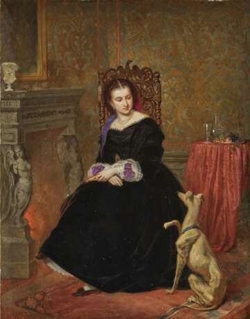 Neustätter (Ludwig Neustätter, ab 1861 Mitglied des Wiener Künstlerhauses, ?) - Junge Dame mit Hund am Kamin , um 1859 - photo 1