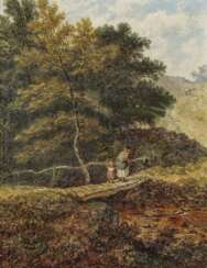 J. Holland - Waldbäche mit Holzbrücken und Figurenstaffage , 2. Hälfte 19. Jahrhundert