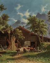 Knud Andreassen Baade - Kühe vor dem Stall in Gebirgslandschaft 