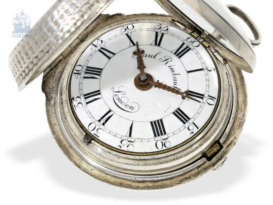 Taschenuhr: feine Doppelgehäuse-Spindeluhr mit außergewöhnlicher Gehäusedekoration, bedeutender Uhrmacher, Paul Rimbault London , Hallmarks 1765 - фото 3